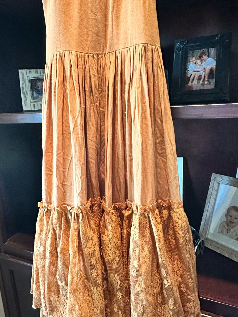 Joyfolie Golden Brown Tiered Lace Maxi Dress